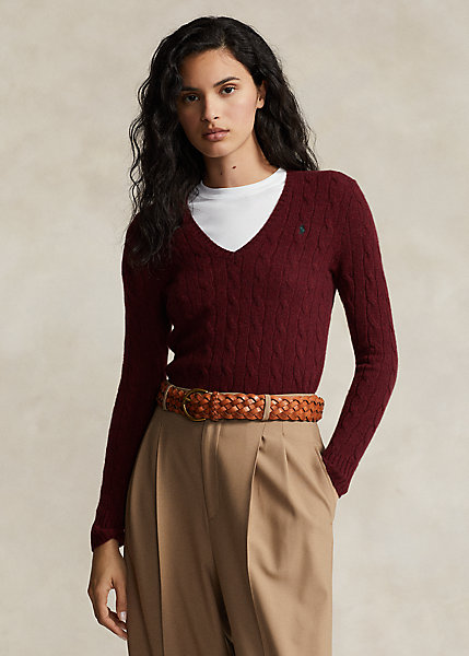 Polo Ralph Lauren: Cable-Knit Wool-Cashmere V-Neck Sweater, Garnet Red Melange