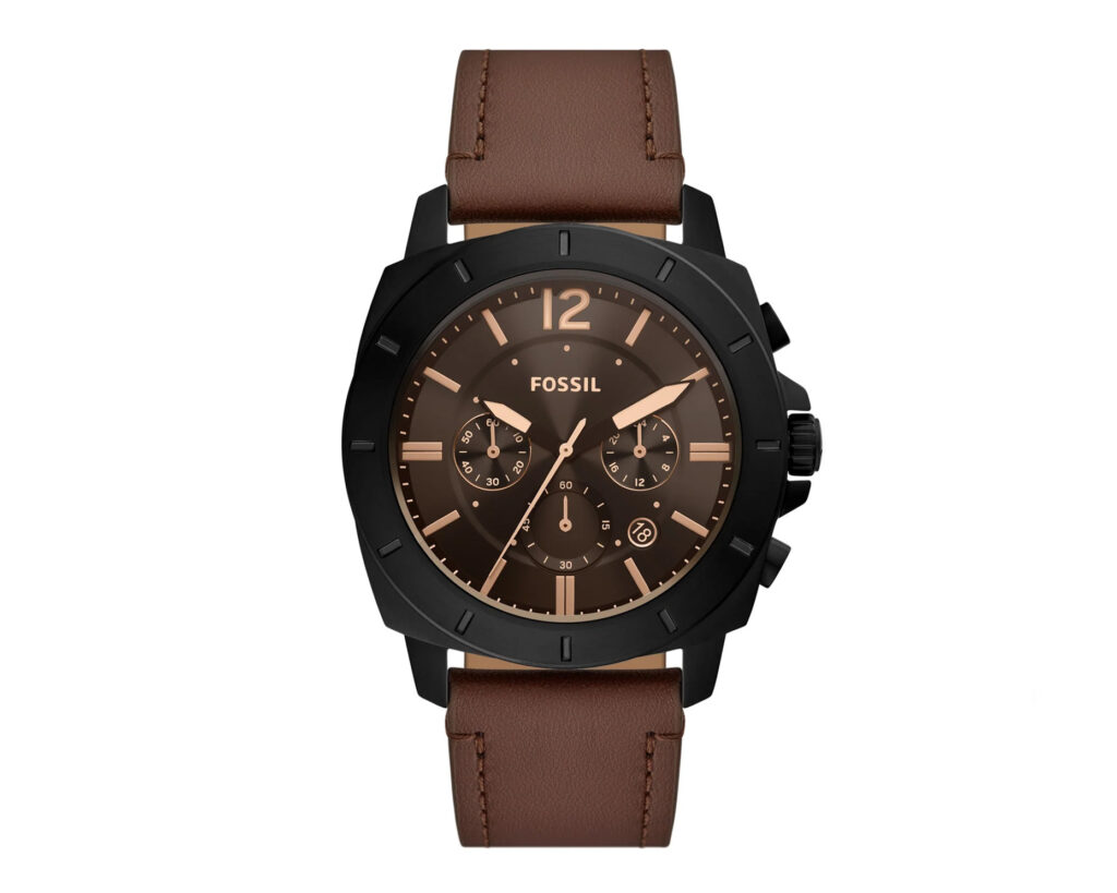FOSSIL: Men’s Privateer Chronograph Black Stainless Steel Watch, Brown | Photo: FOSSIL